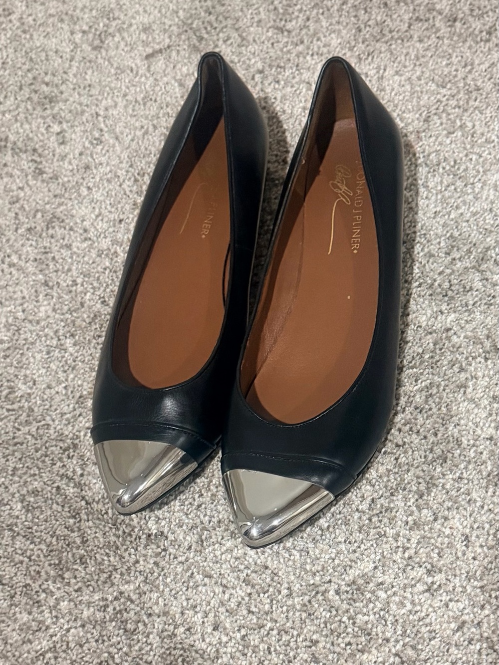 Donald J. Pliner Black Leather Pointed Flats with Silver Toe Caps
